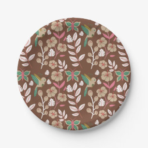 Floral seamless pattern flowers, leaves, butterfly paper plate