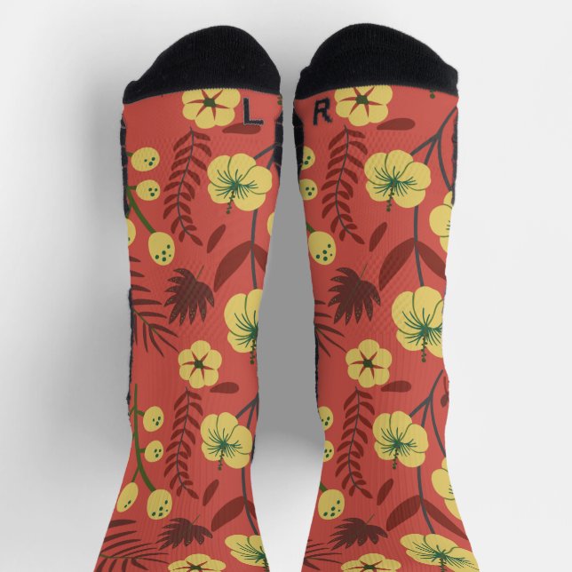 Floral seamless pattern flowers yellow and red jig socks (Top)