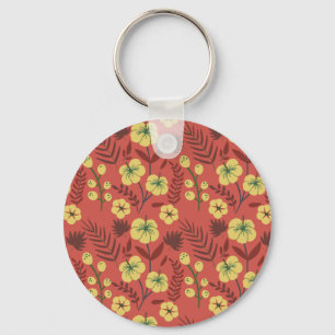 Floral seamless pattern flowers yellow and red keychain