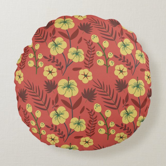 Floral seamless pattern flowers yellow and red round pillow (Front)