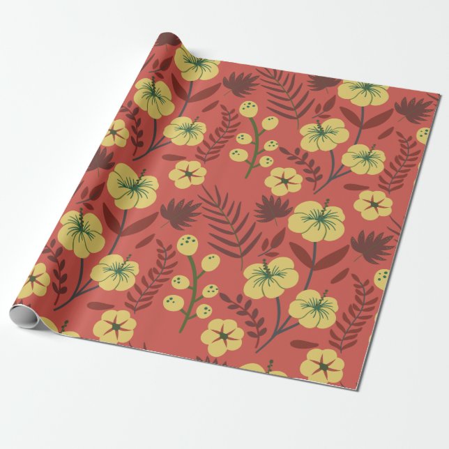 Floral seamless pattern flowers yellow and red wrapping paper (Unrolled)