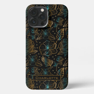 Floral seamless pattern gold personalized name iPhone 13 pro max case