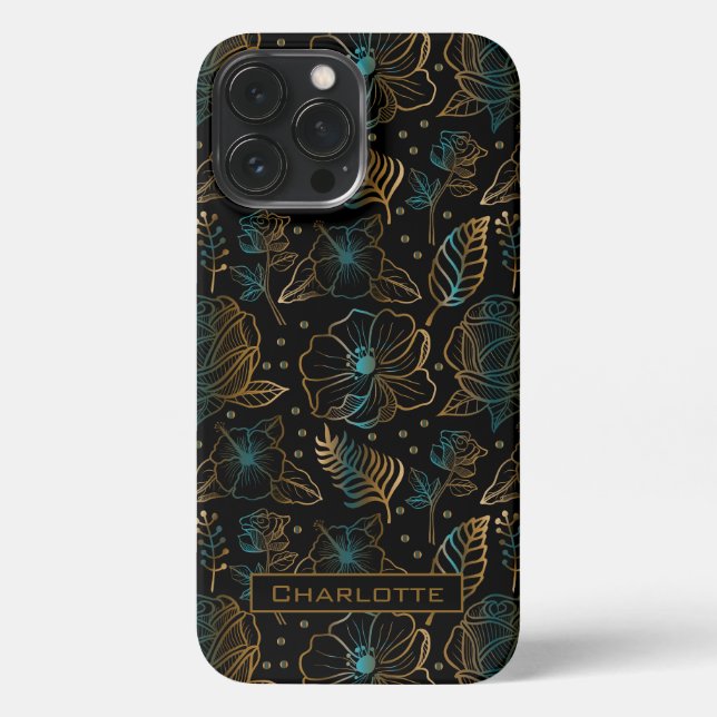 Floral seamless pattern gold personalized name iPhone case (Back)