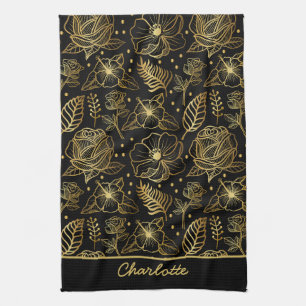 Floral seamless pattern gold personalized name kitchen towel