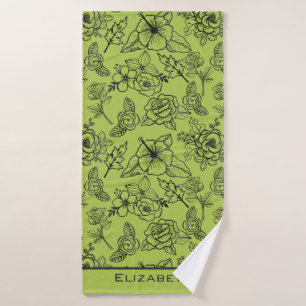 Floral seamless pattern green bg personalized name bath towel