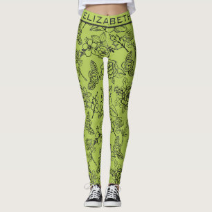 Floral seamless pattern green bg personalized name leggings