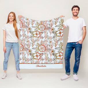 Floral seamless pattern orange personalized name fleece blanket