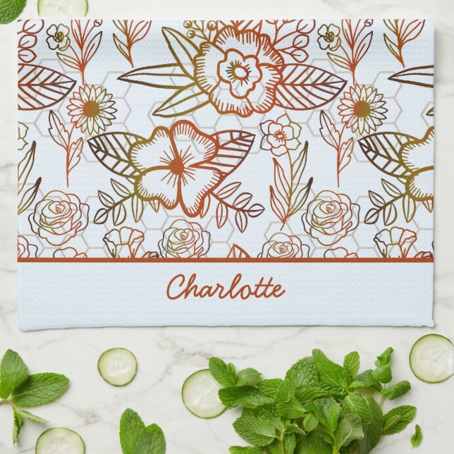 Floral seamless pattern orange personalized name  kitchen towel (Folded)