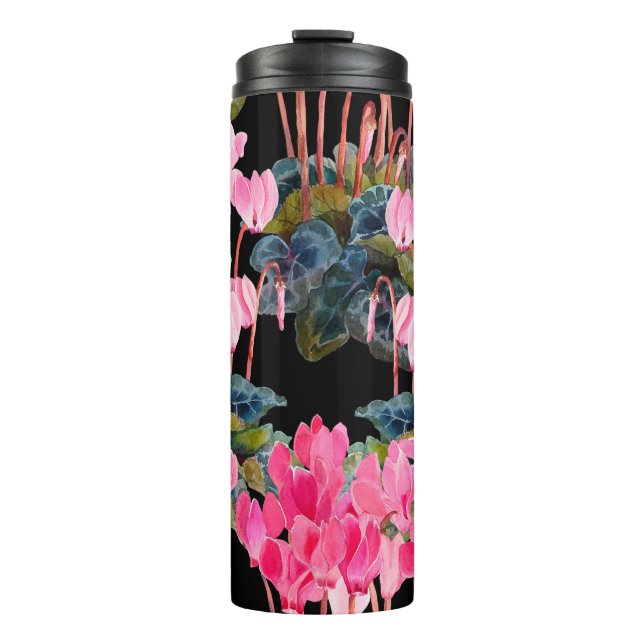 Floral seamless pattern. Pink cyclamen isolated on Thermal Tumbler (Front)