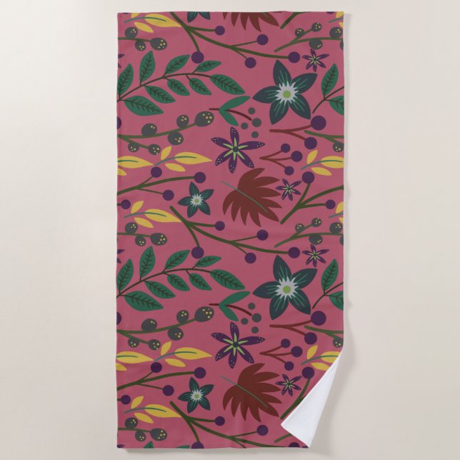 Floral seamless pattern pink flowers leaves branch beach towel (Front)