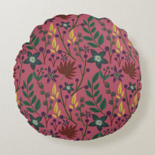 Floral seamless pattern pink flowers leaves branch round pillow