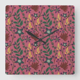Floral seamless pattern pink flowers leaves branch square wall clock