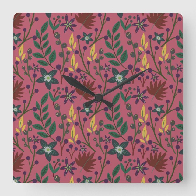 Floral seamless pattern pink flowers leaves branch square wall clock (Front)