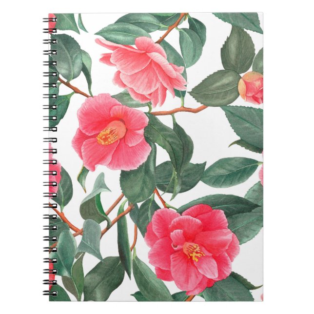 Floral seamless pattern, red camellia flowers with notebook (Front)