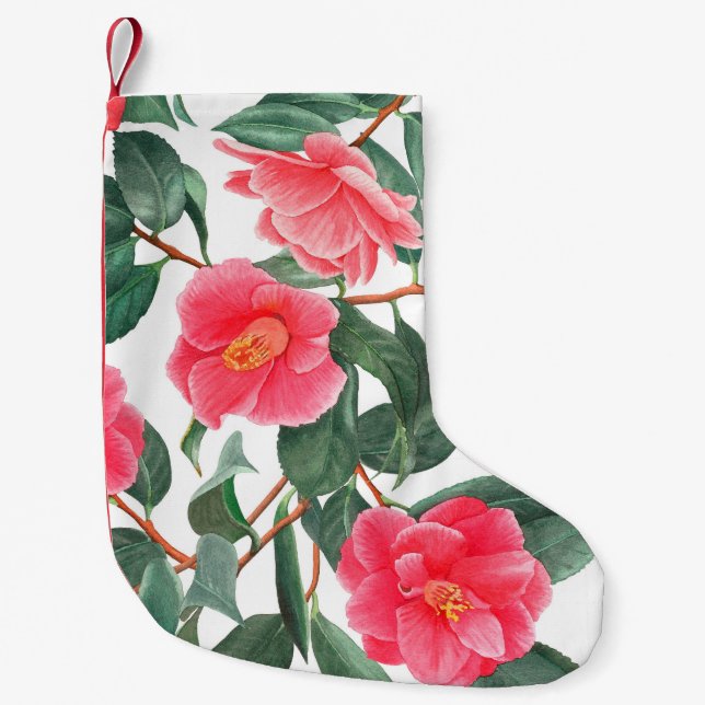 Floral seamless pattern, red camellia flowers with small christmas stocking (Front)