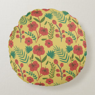 Floral seamless pattern red yellow green flowers round pillow