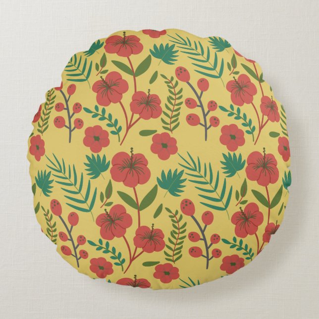 Floral seamless pattern red yellow green flowers round pillow (Front)