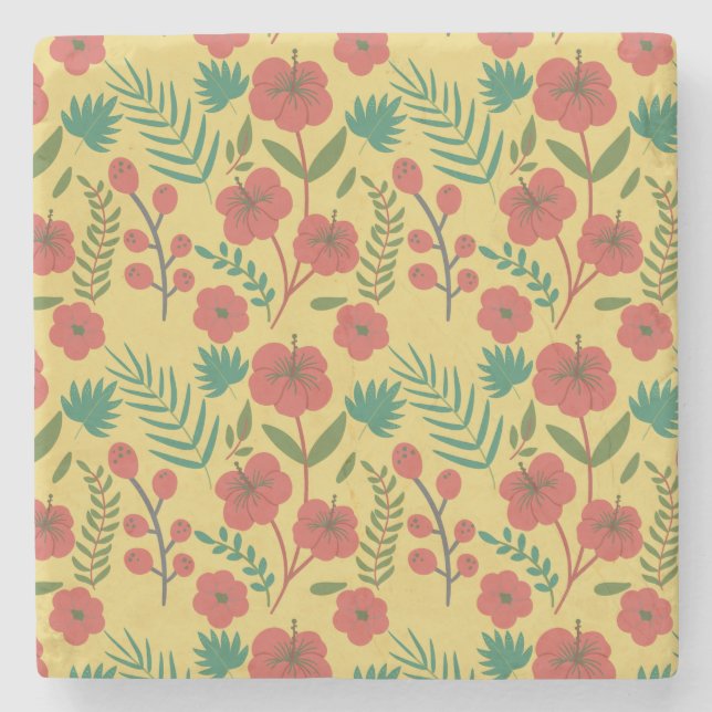 Floral seamless pattern red yellow green flowers stone coaster (Front)
