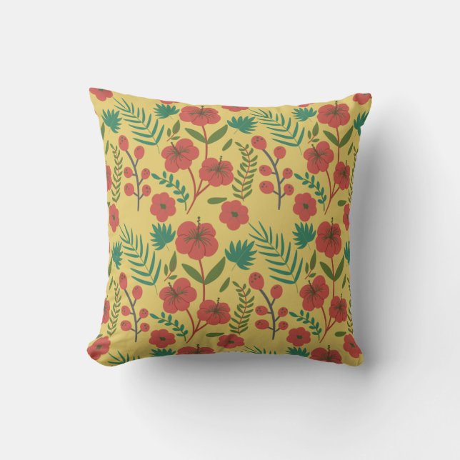 Floral seamless pattern red yellow green flowers throw pillow (Front)