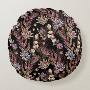 Floral seamless pattern. Succulents, ferns, thorns Round Pillow