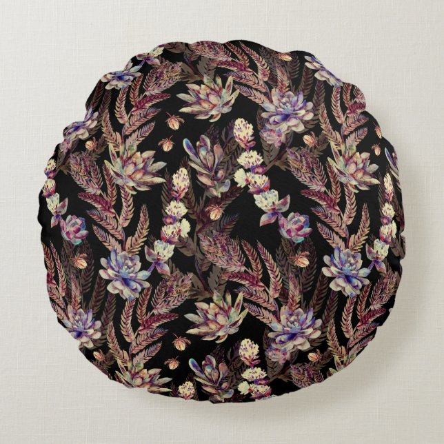 Floral seamless pattern. Succulents, ferns, thorns Round Pillow (Front)
