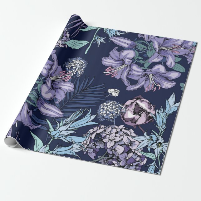 Floral seamless pattern. There are Lily, Hydrangea Wrapping Paper (Unrolled)