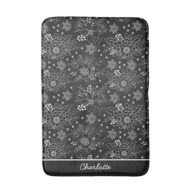 Floral seamless pattern white personalized name bath mat (Front Vertical)