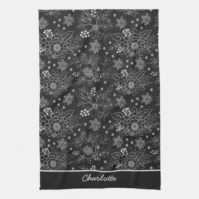 Floral seamless pattern white personalized name kitchen towel (Vertical)