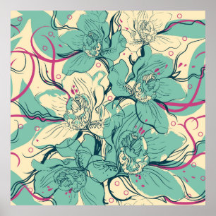  floral seamless pattern with blue orchidsfashion, poster