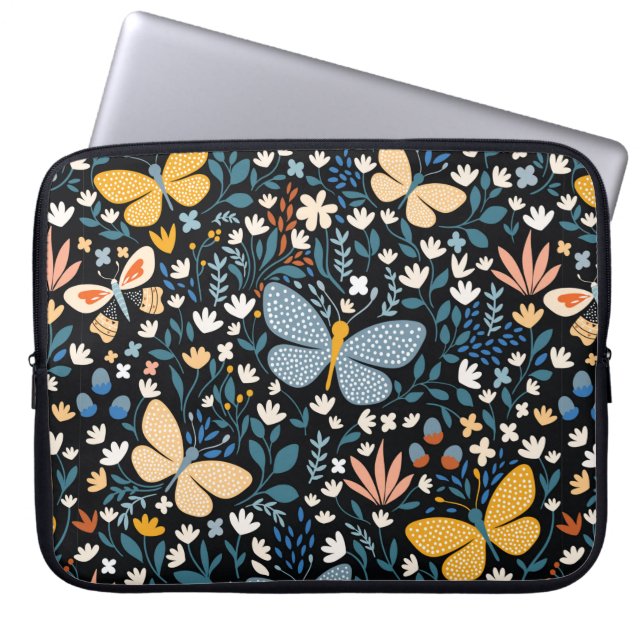 Floral seamless pattern with butterflies,  hand dr laptop sleeve (Front)
