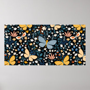 Floral seamless pattern with butterflies, hand dr poster