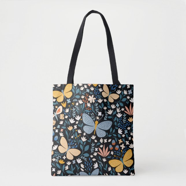 Floral seamless pattern with butterflies,  hand dr tote bag (Front)