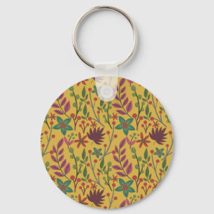 Floral seamless pattern yellow flowers and leaves keychain