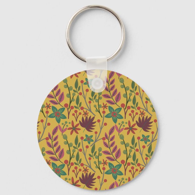 Floral seamless pattern yellow flowers and leaves keychain (Front)