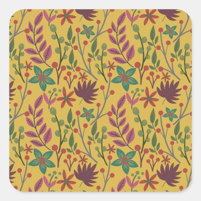 Floral seamless pattern yellow flowers and leaves square sticker (Front)