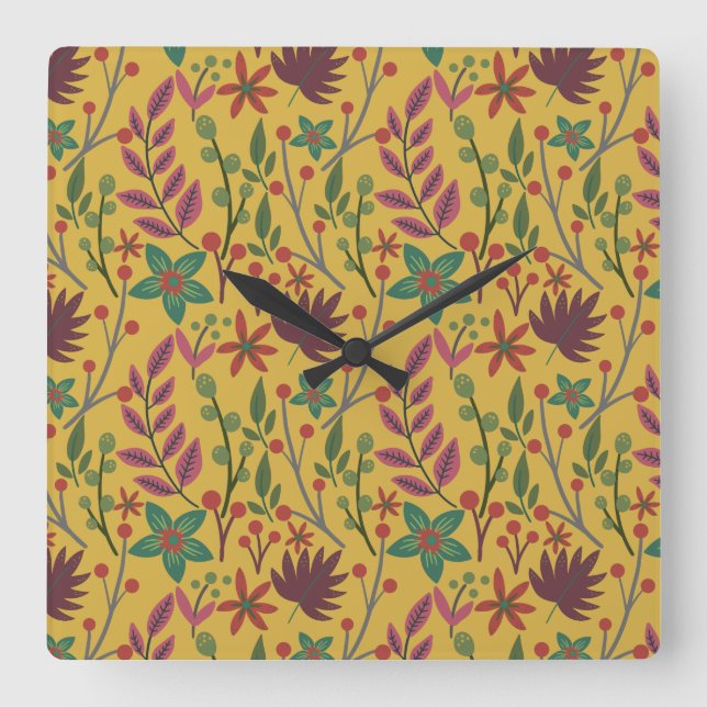 Floral seamless pattern yellow flowers and leaves square wall clock (Front)