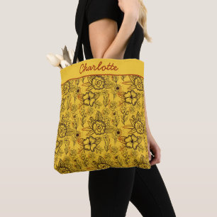 Floral seamless pattern yellow personalized name tote bag