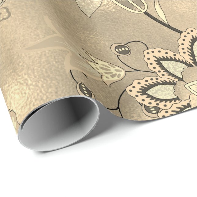 Floral Sepia Gold Glass Oriental Flowers Wrapping Paper (Roll Corner)