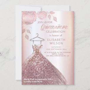 Floral sequins rose gold dress Quinceañera   Invit Invitation
