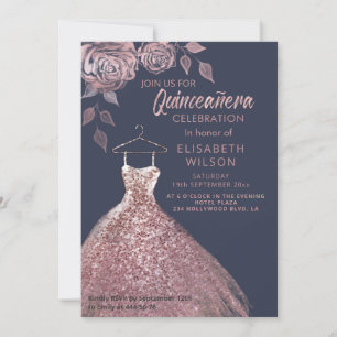 Floral sequins rose gold dress Quinceañera   Invit Invitation