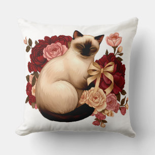 Floral Serenity: Curled Siamese Cat in Bloom Throw Pillow