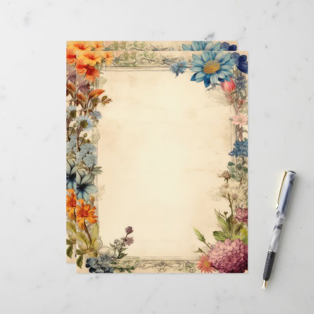 Floral Shabby Chic Junk Journal Antique Paper (Front/Back In Situ)