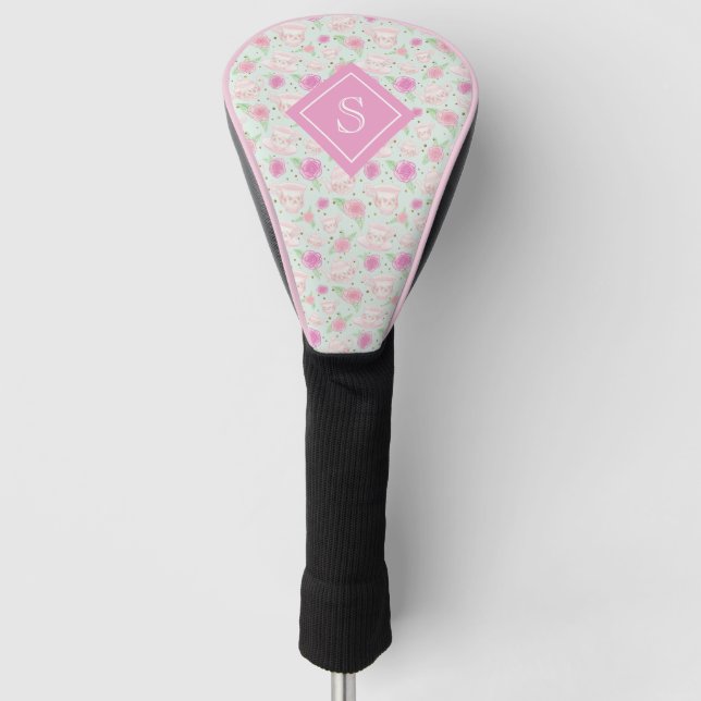 Floral Shabby Chic Tea Cups Monogram Golf Head Cover (Front)
