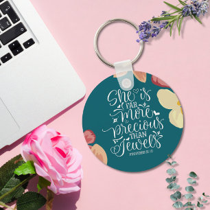 Floral She is Far more Precious than Jewels Keychain