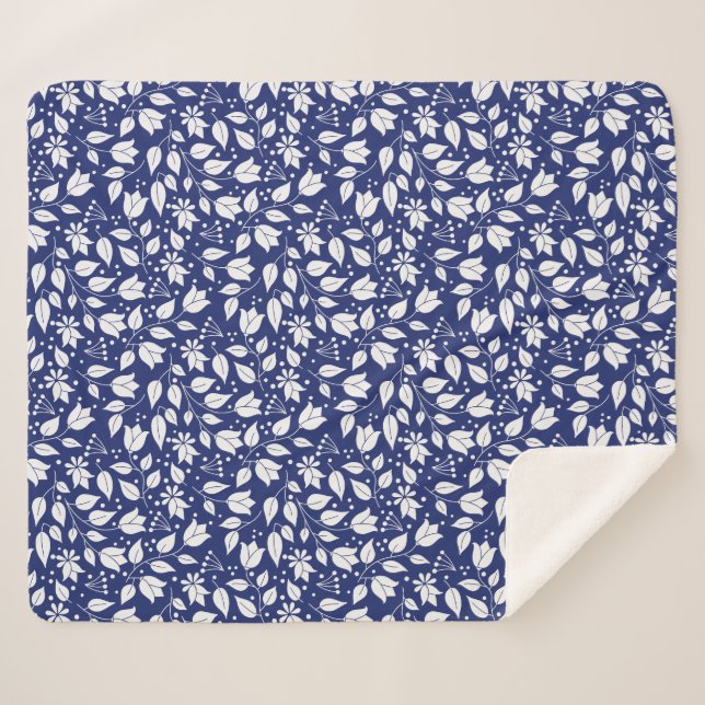 Floral Sherpa Blanket in Navy and White (Front (Horizontal))