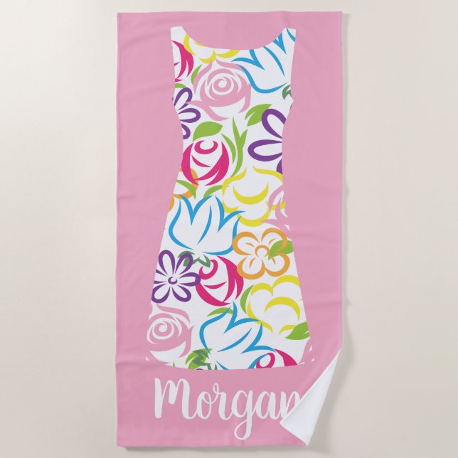 Floral Shift Dress Personalized Beach Towel (Front)