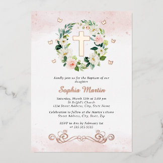 Floral Shiny Gold Cross Butterfly Girl Baptism 