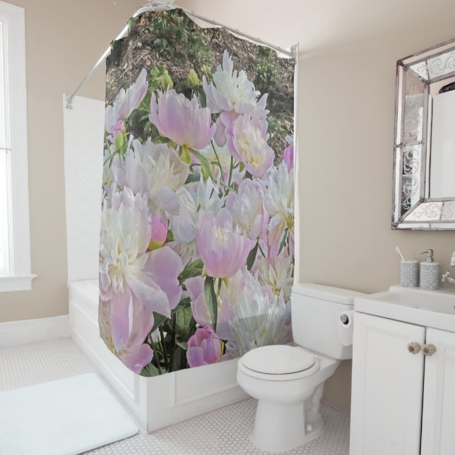 floral shower curtain/SOFT PINK AND WHITE PEONIES (In Situ)