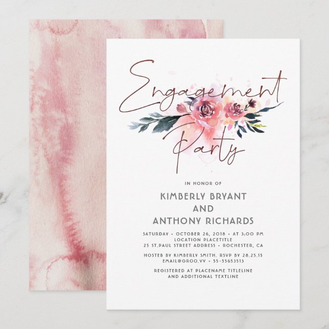 Floral Signature Script Elegant Engagement Party Invitation (Front/Back)