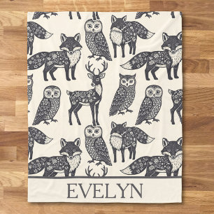 Floral Silhouette Fox, Deer, and Owl Folk Art Fleece Blanket